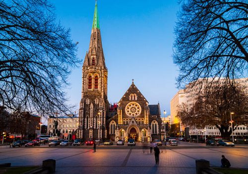 Nighttime view of Cathedral Square in Christchurch, New Zealand